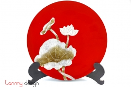 Red round lacquer dish attached with eggshell lotus included with stand 30 cm